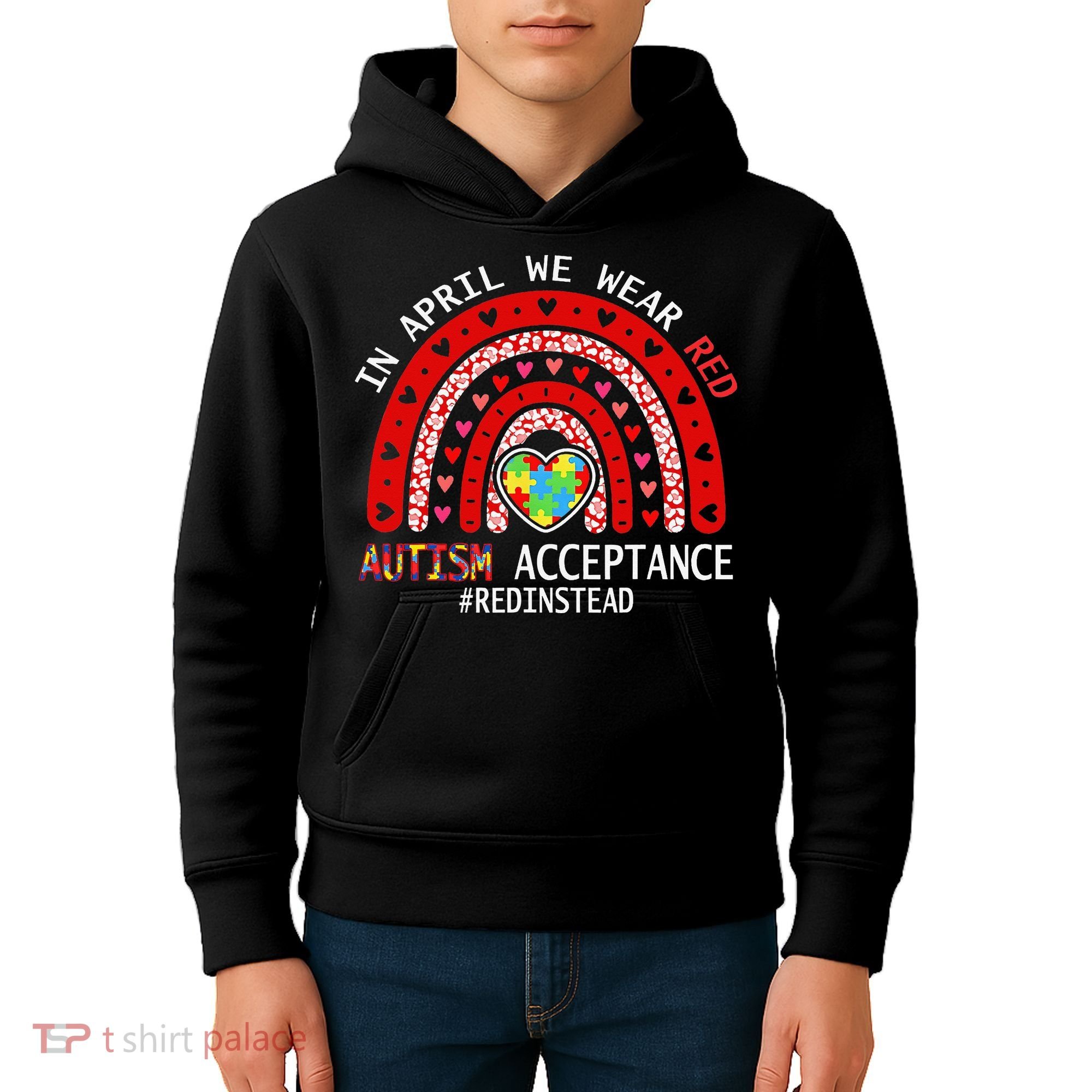 In April We Wear Red Autism Awareness Acceptance Red Kids Hoodie