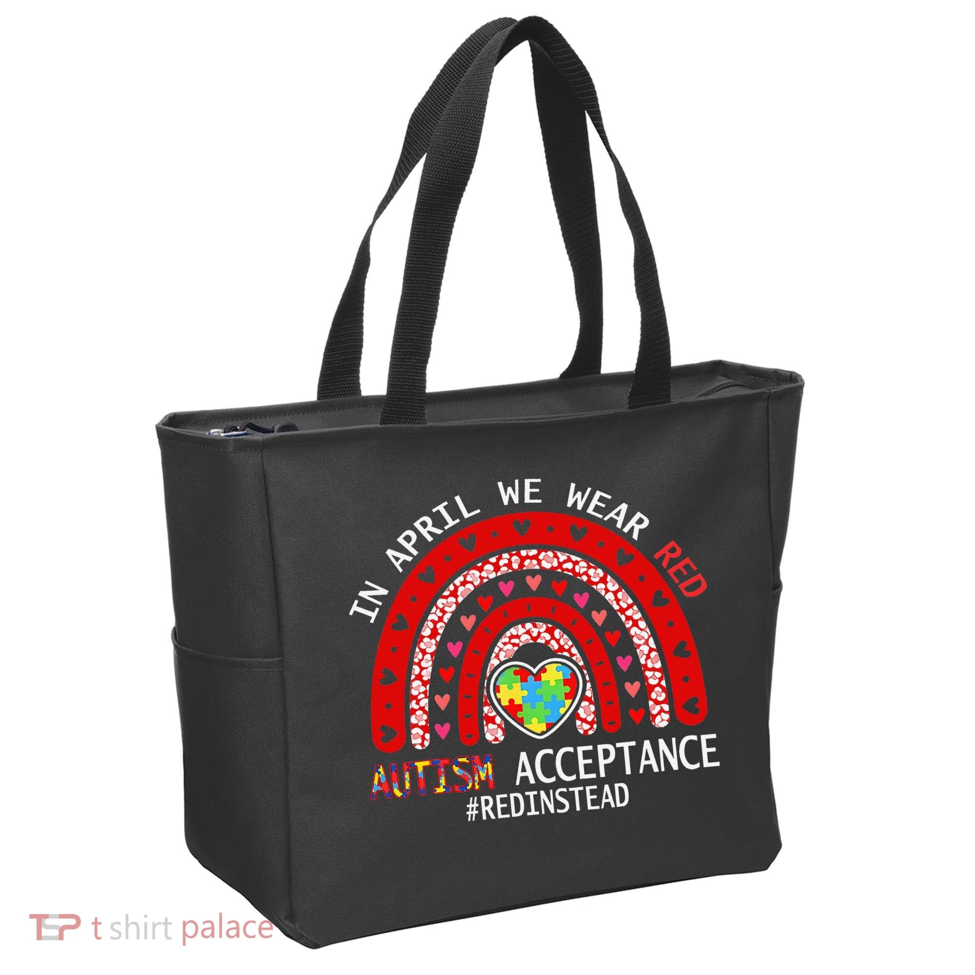 In April We Wear Red Autism Awareness Acceptance Red Tote Bag