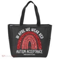 In April We Wear Red Autism Awareness Acceptance Red Tote Bag thumb 0