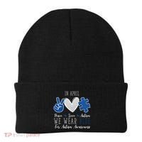 In April We Wear Blue For Autism Peace Love Beanie thumb 0