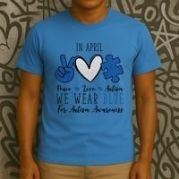 In April We Wear Blue For Autism Peace Love T-Shirt thumb 3