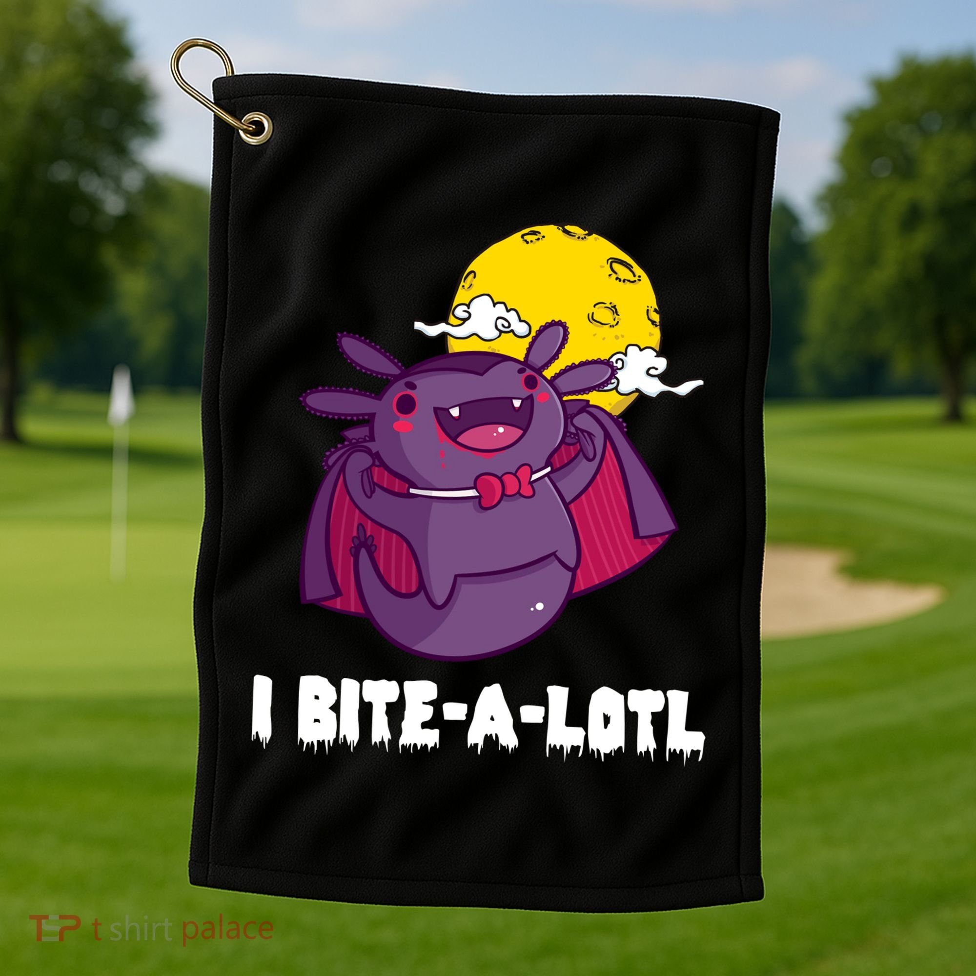 I Bite A Lot Axolotl Funny Halloween Vampire Golf Towel