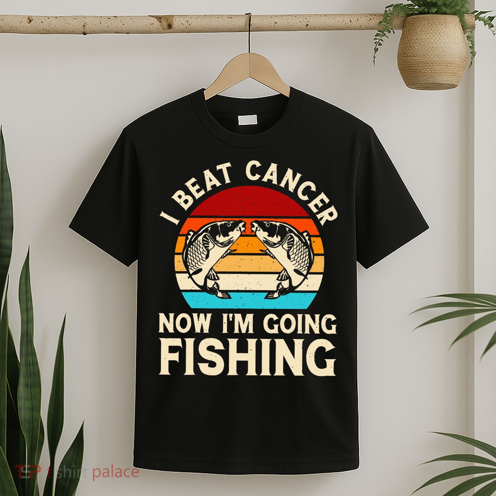 I Beat Cancer Now IM Going Fishing Vintage Sunset Survivor T-Shirt