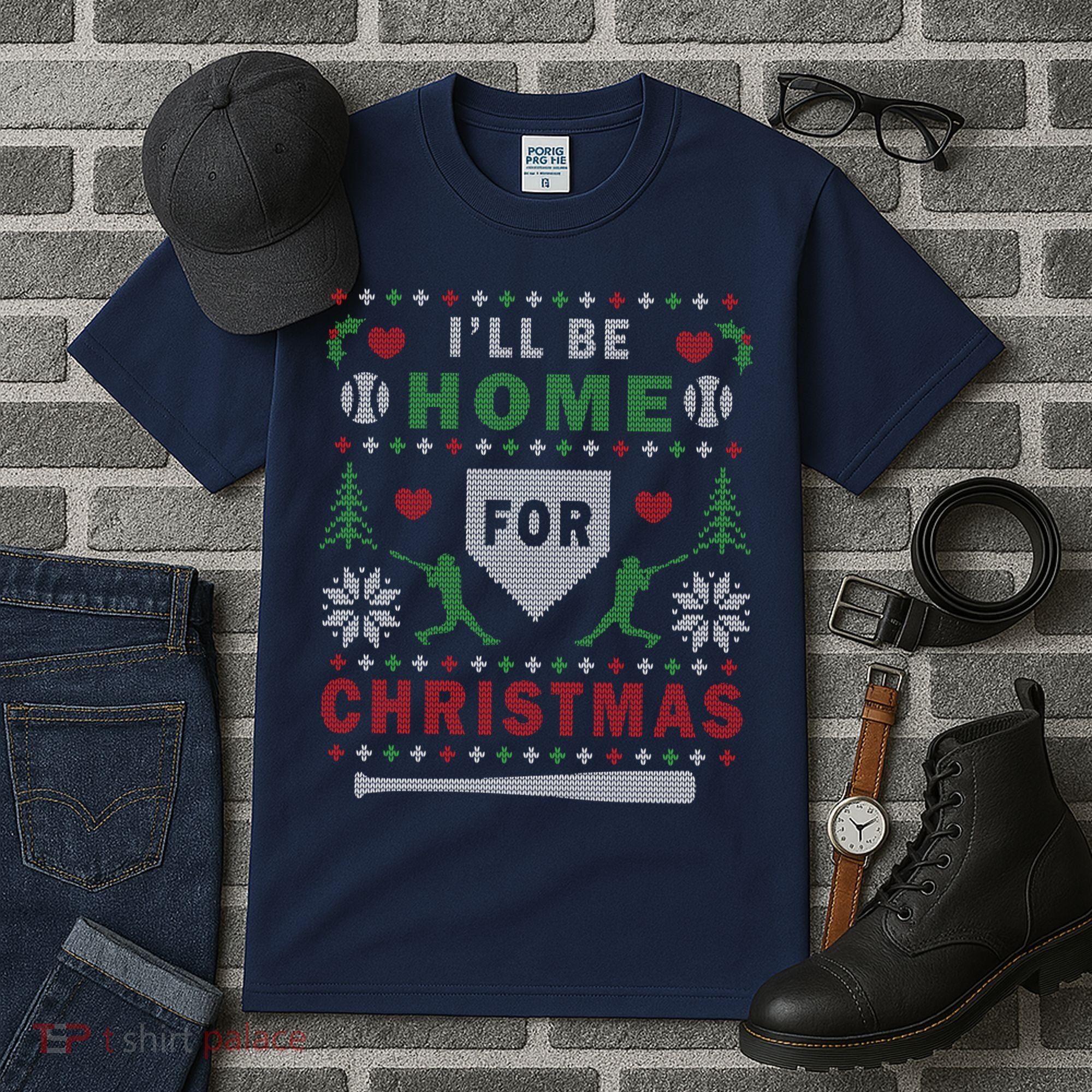 I'LL BE HOME FOR CHRISTMAS BASEBALL UGLY CHRISTMAS Tall T-Shirt