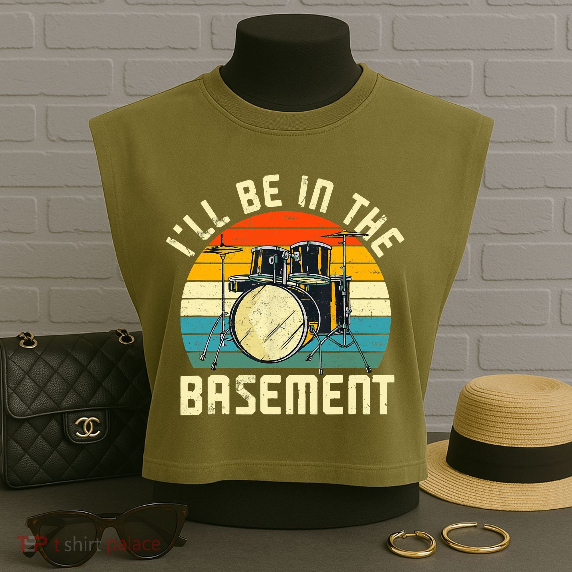 I'll Be In The Basement Drums Drummers Drum Kit Owner Garment-Dyed Women's Muscle Tee
