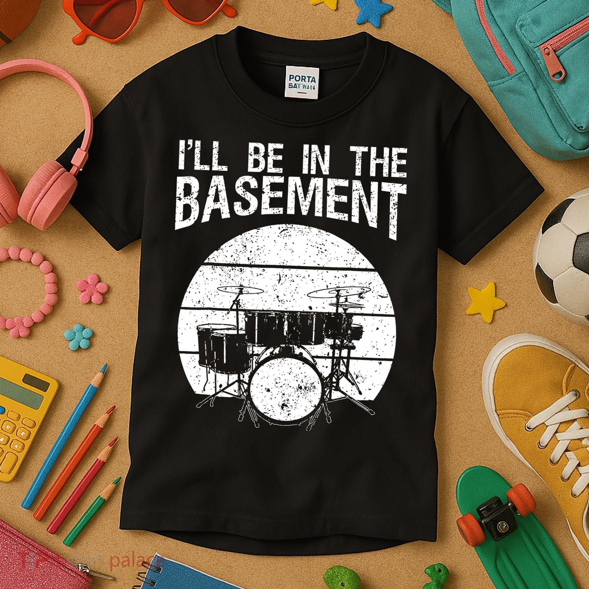I'll Be In The Basement Drum Set Drumming Drummer Kids T-Shirt