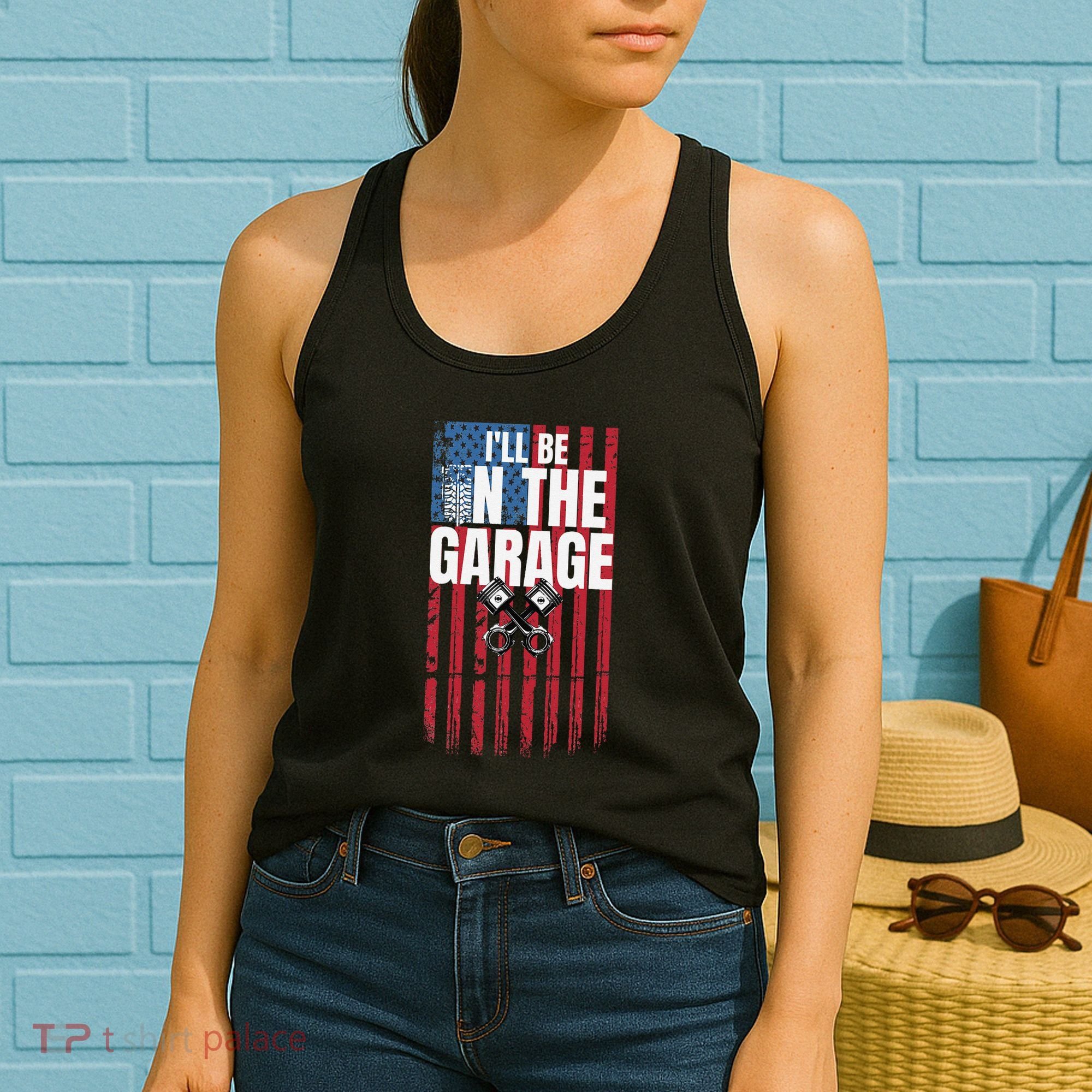 ILl Be In The Garage American Us Flag Mechanic Dad Grandpa Women's Tank Top