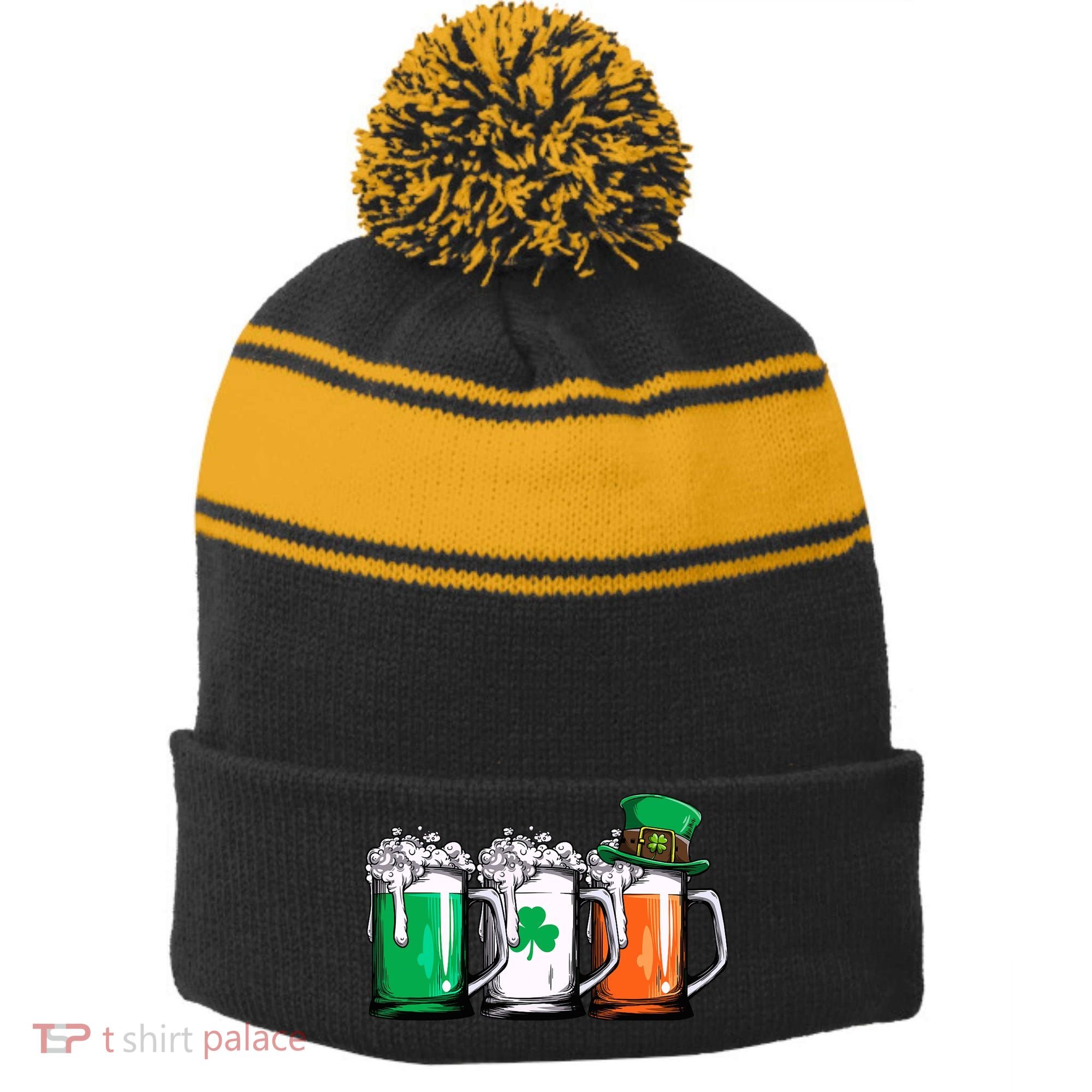 Irish Beer Ireland Flag St Patricks Day Leprechaun Stripe Pom Pom Beanie