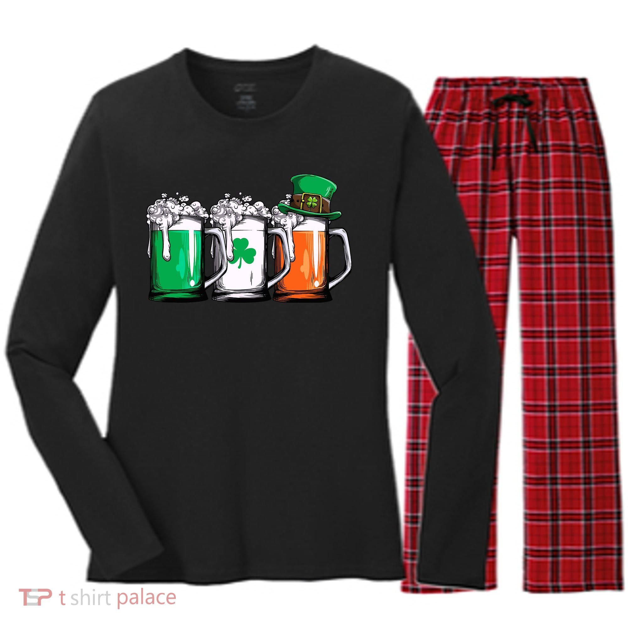 Irish Beer Ireland Flag St Patricks Day Leprechaun Women's Long Sleeve Flannel Pajama Set 