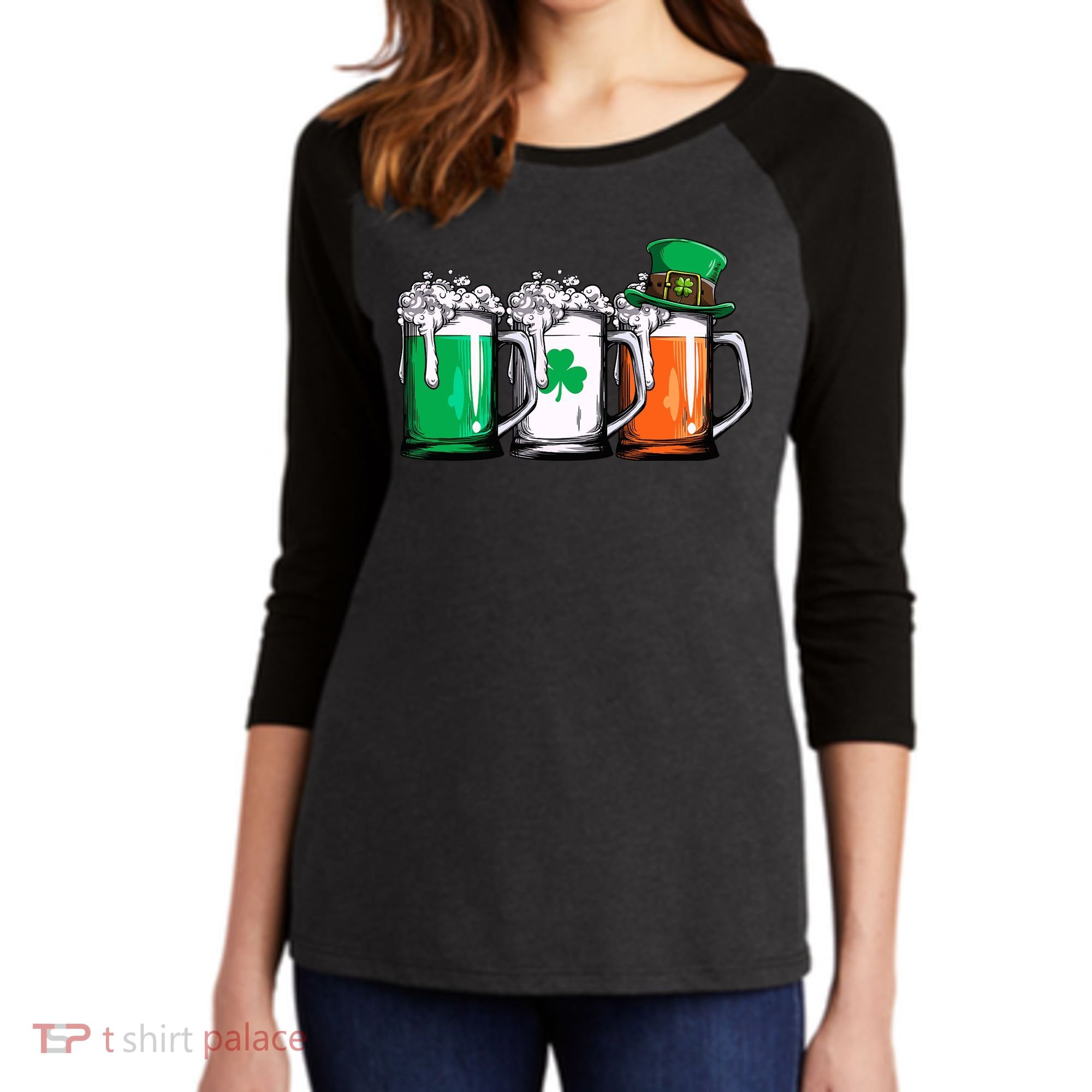 Irish Beer Ireland Flag St Patricks Day Leprechaun Women's Tri-Blend 3/4-Sleeve Raglan Shirt