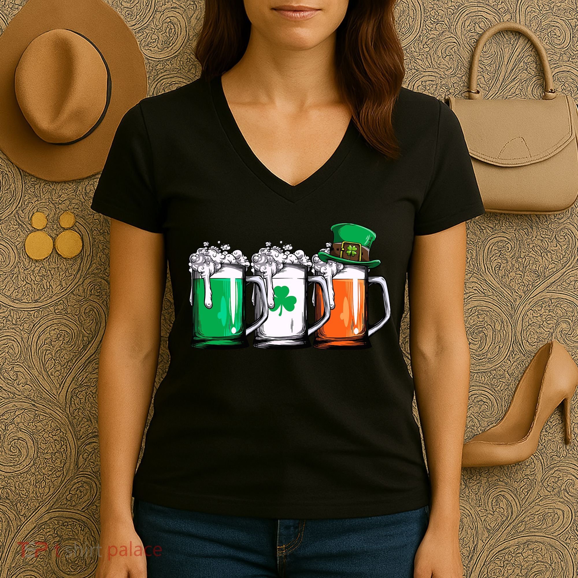 Irish Beer Ireland Flag St Patricks Day Leprechaun Women's V-Neck T-Shirt