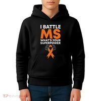 I Battle Ms WhatS Your Superpower Awareness Ribbon Kids Hoodie thumb 4