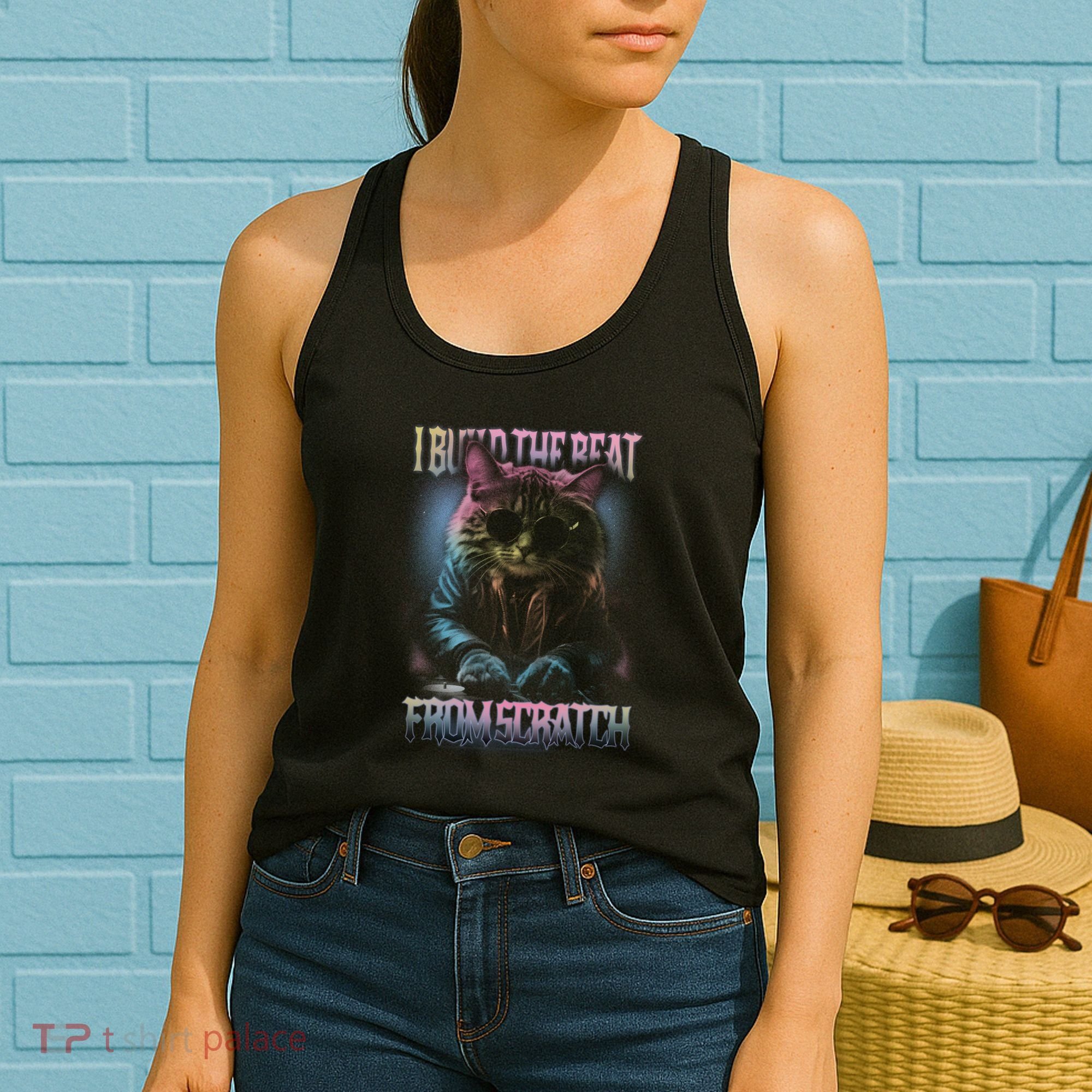 I Build The Beat From Scratch Funny Cosmic Dj Cat Women's Tank Top