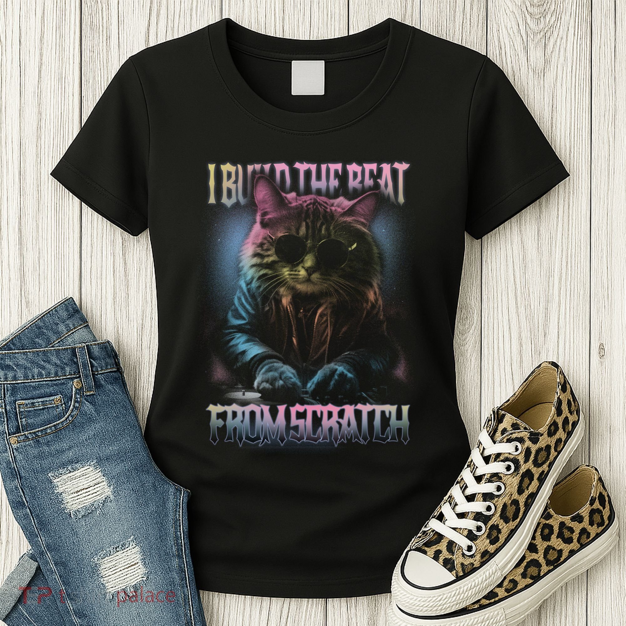 I Build The Beat From Scratch Funny Cosmic Dj Cat Women's T-Shirt