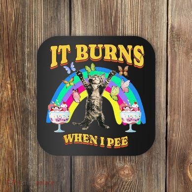 It Burns When I Pee Funny Cat Meme Rainbow Saying Sarcastic Coaster