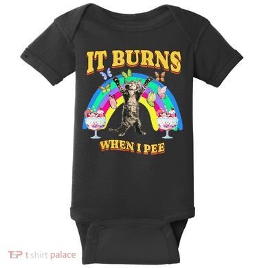 It Burns When I Pee Funny Cat Meme Rainbow Saying Sarcastic Baby Bodysuit