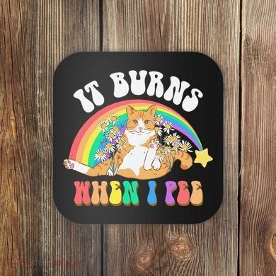 It Burns When I Pee Funny Cat Meme Rainbow Saying Sarcastic Coaster