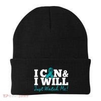 I Can And I Will Beat Ovarian Cancer Warrior Just Watch Me Gift Beanie thumb 0