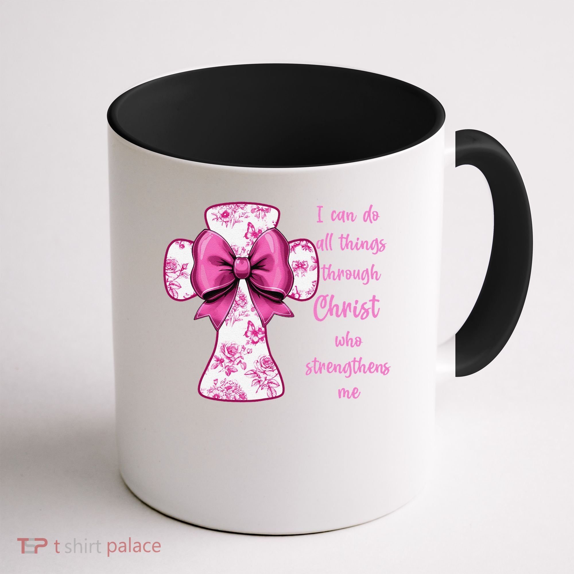 I Can Do All Things Through Christ Toile Cross And Bow Coffee Mug