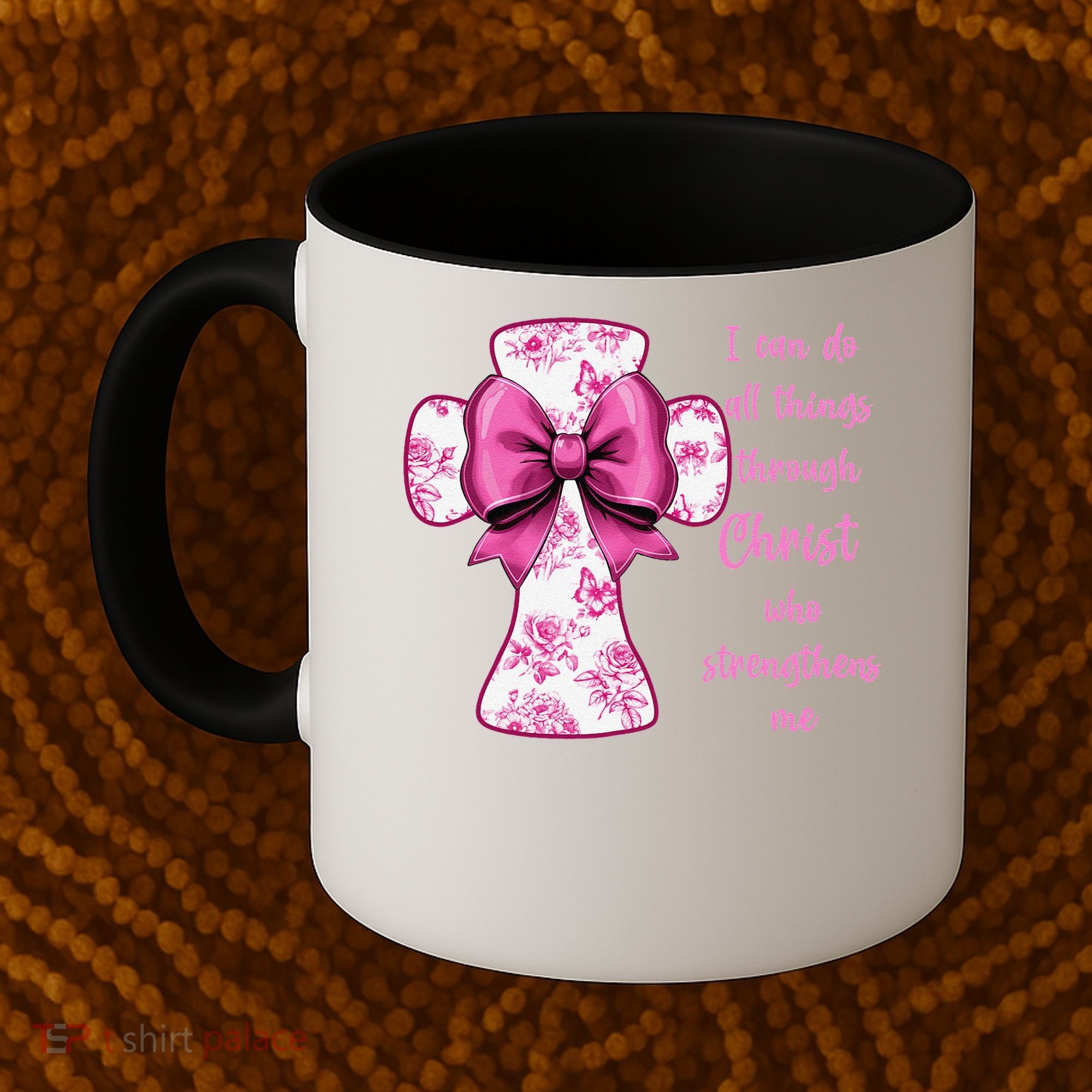 I Can Do All Things Through Christ Toile Cross And Bow Coffee Mug