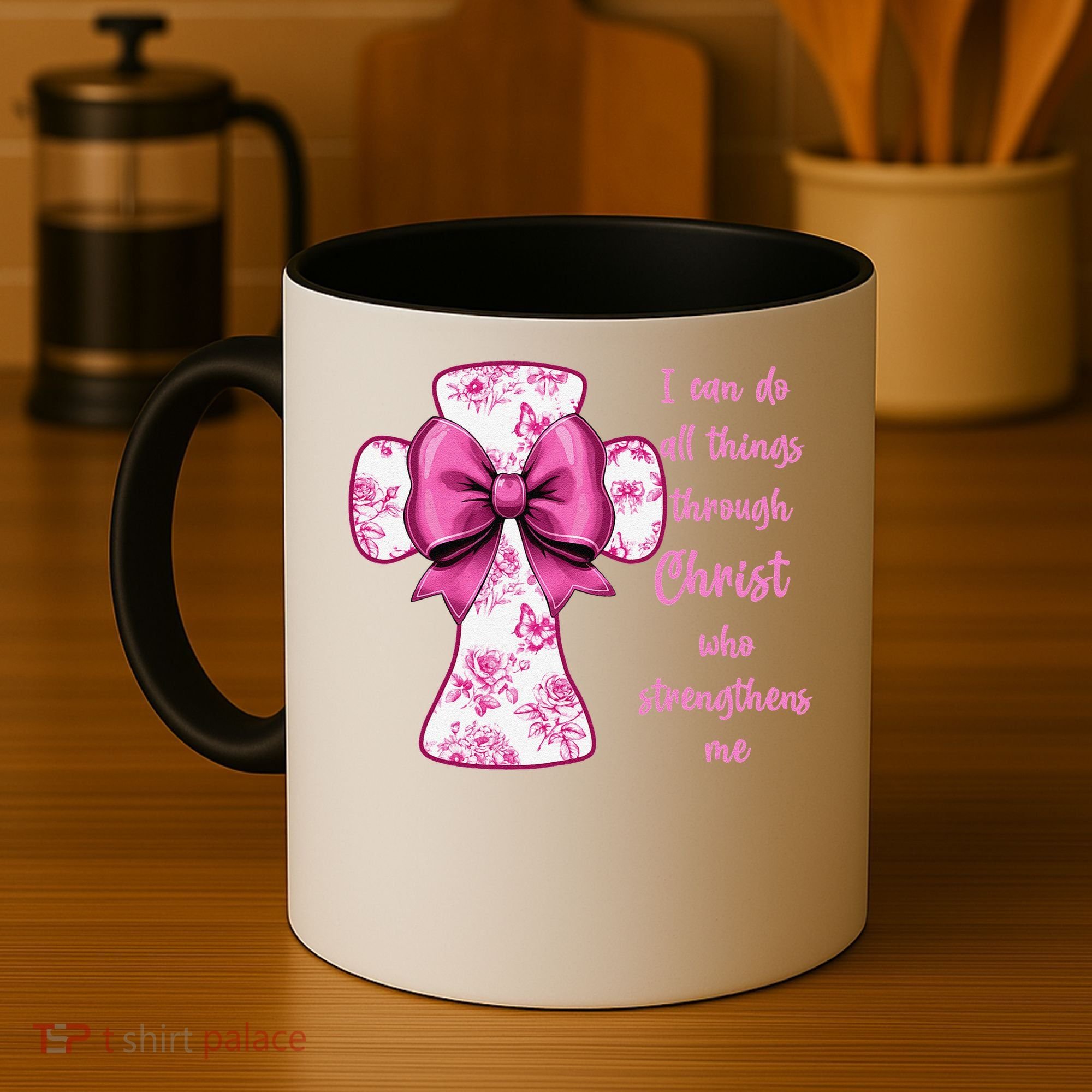 I Can Do All Things Through Christ Toile Cross And Bow Coffee Mug