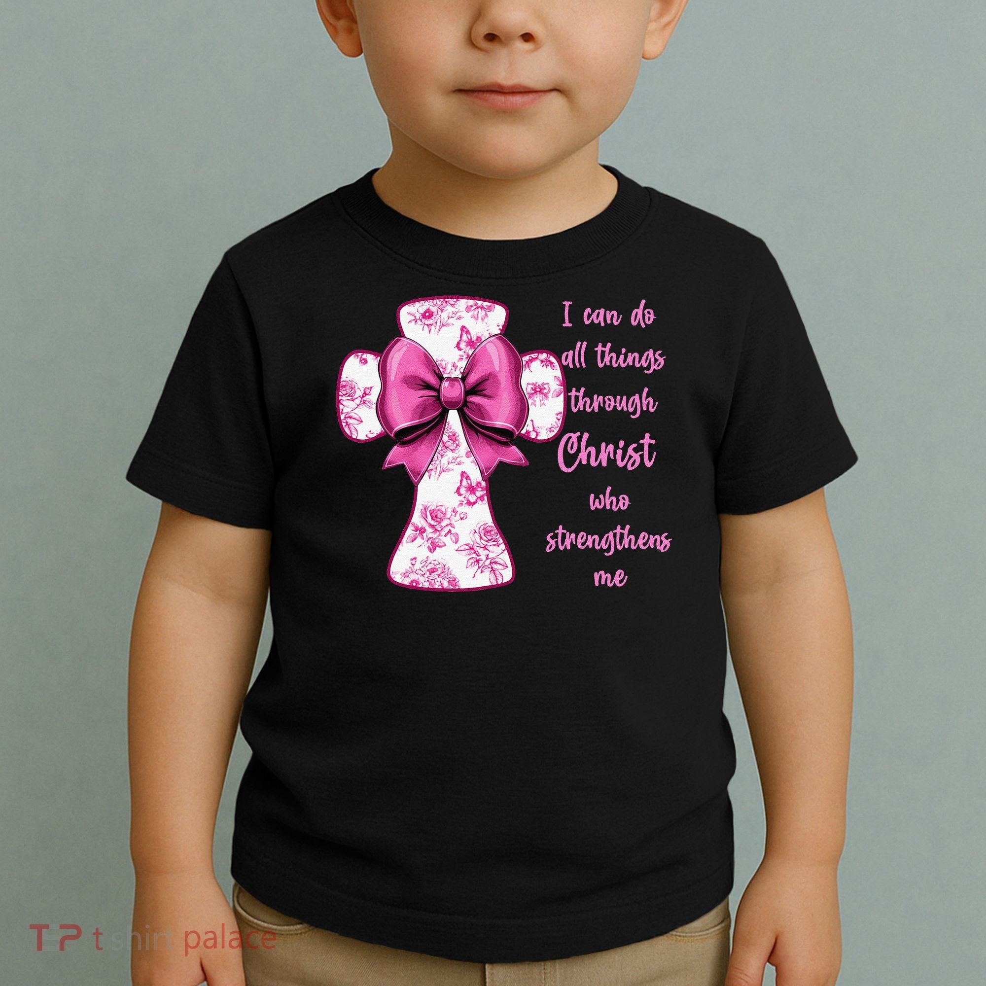 I Can Do All Things Through Christ Toile Cross And Bow Toddler T-Shirt