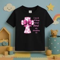 I Can Do All Things Through Christ Toile Cross And Bow Toddler T-Shirt thumb 3