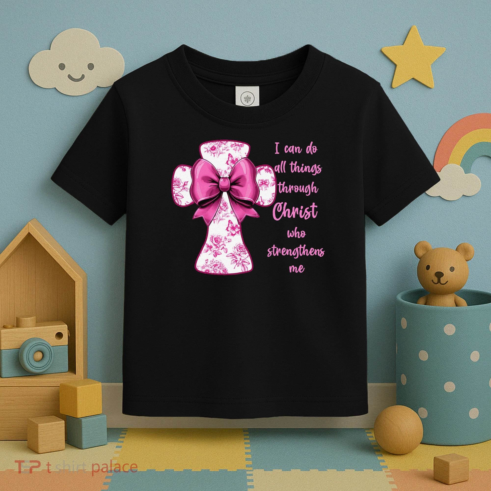 I Can Do All Things Through Christ Toile Cross And Bow Toddler T-Shirt