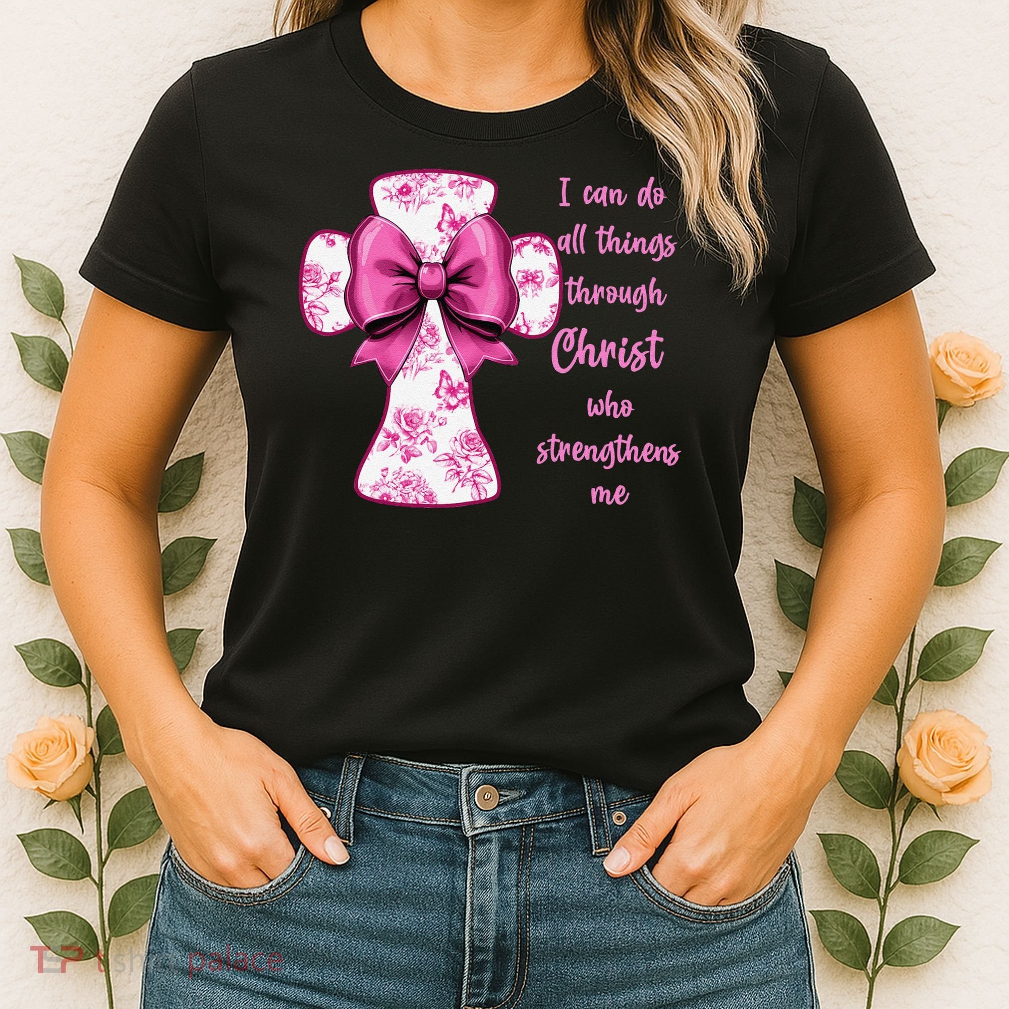 I Can Do All Things Through Christ Toile Cross And Bow Women's T-Shirt