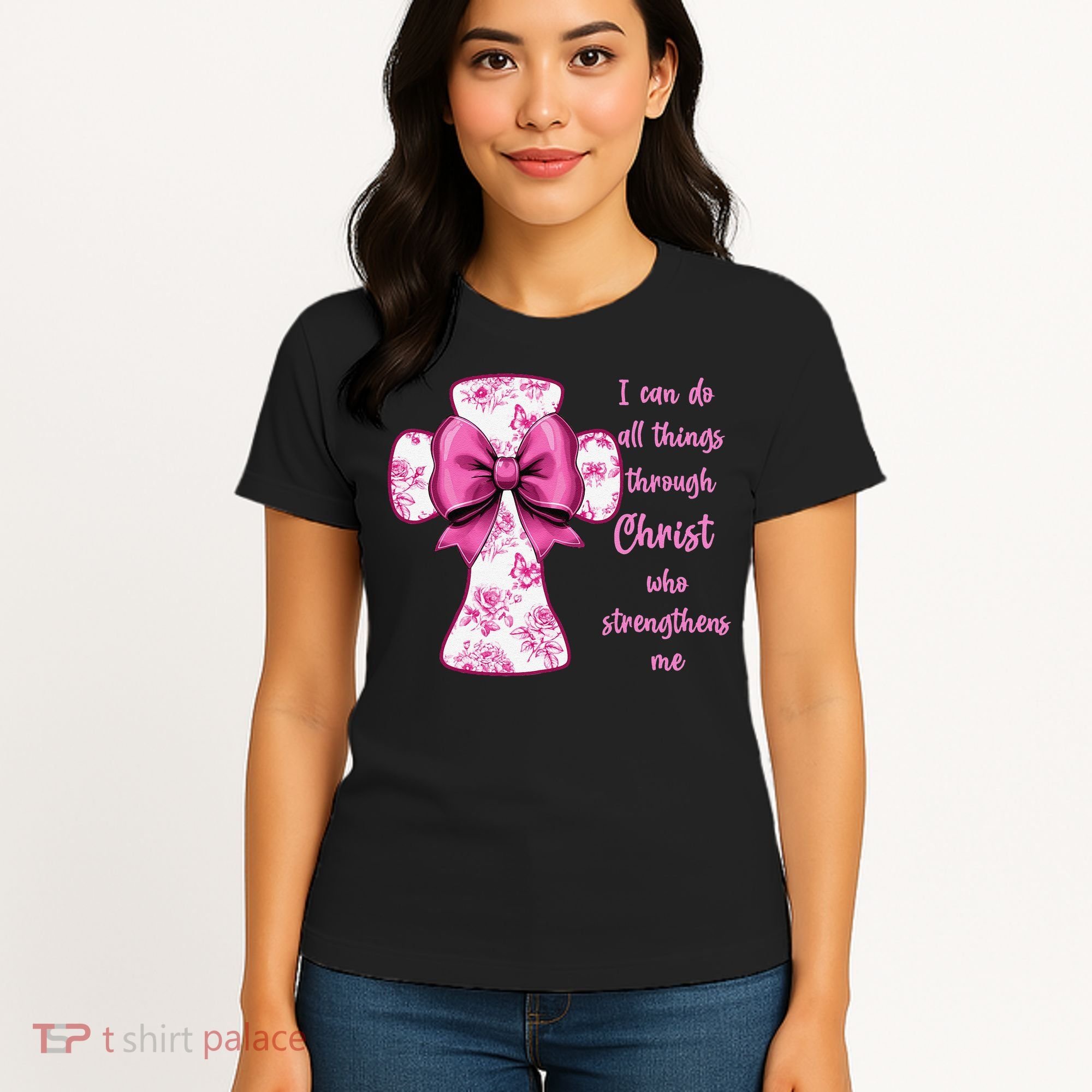 I Can Do All Things Through Christ Toile Cross And Bow Women's T-Shirt