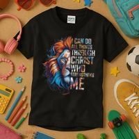 I Can Do All Things Through Christ Lion Faith Religious Kids T-Shirt thumb 3