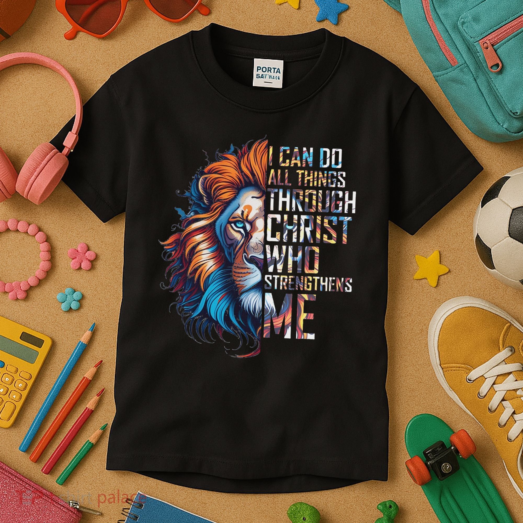 I Can Do All Things Through Christ Lion Faith Religious Kids T-Shirt