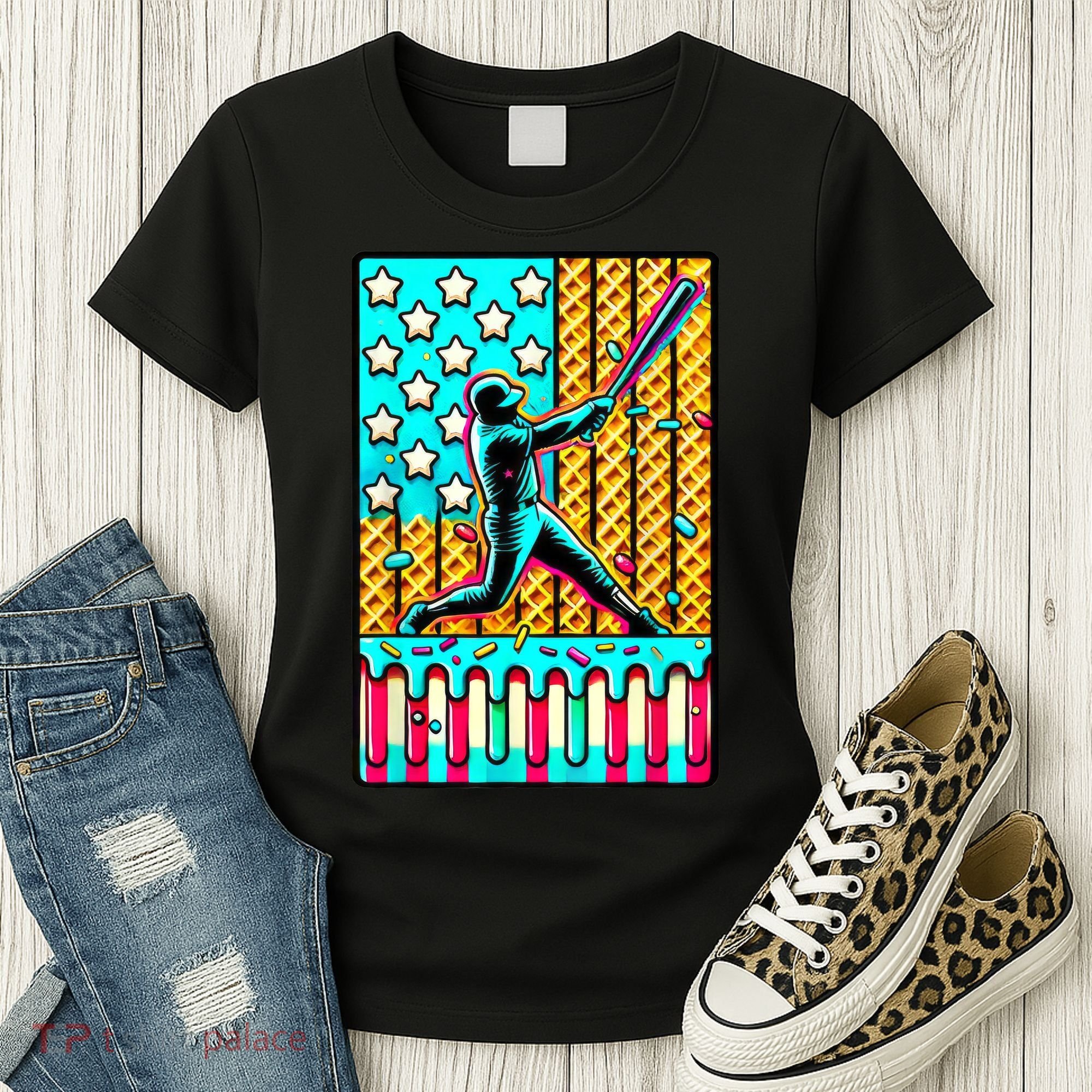 Ice Cream Drip Baseball Stuff Drip For American Flag Women's T-Shirt