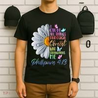 I Can Do All Things Through Christ Butterfly Art Religious T-Shirt thumb 6