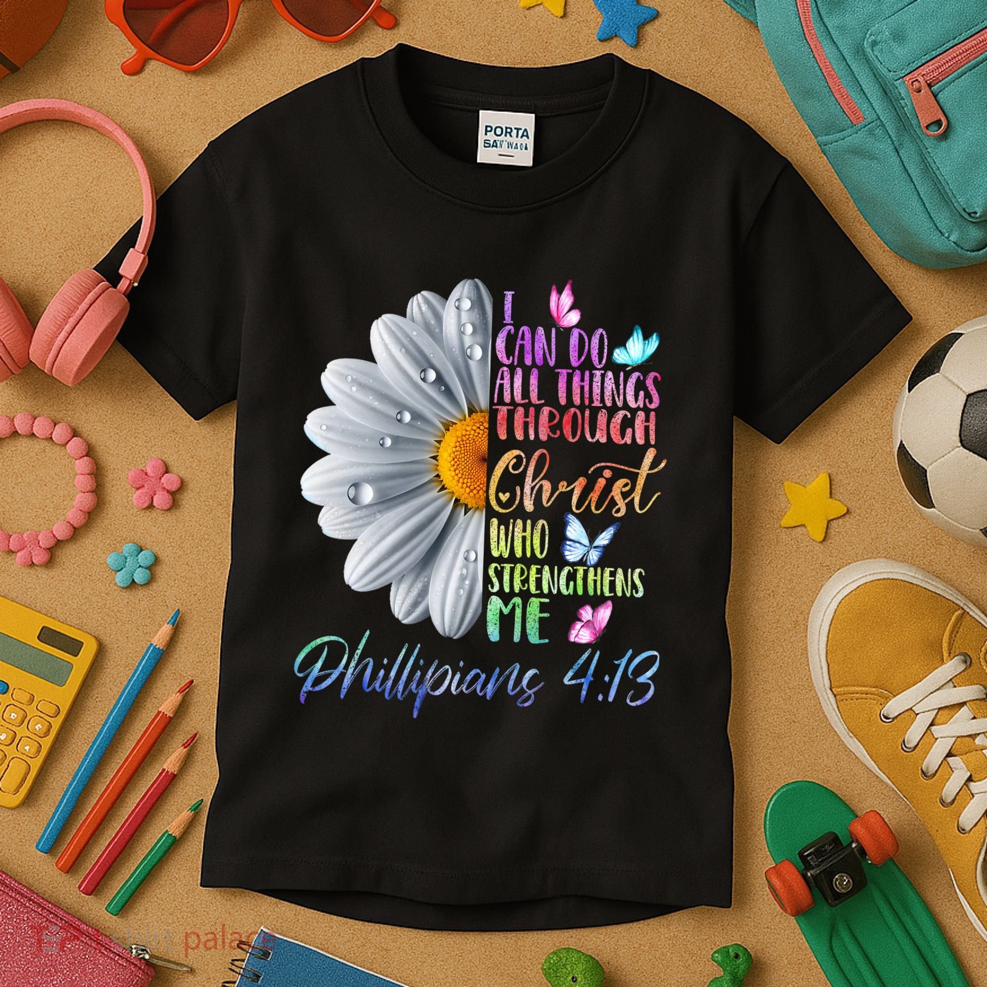 I Can Do All Things Through Christ Butterfly Art Religious Kids T-Shirt