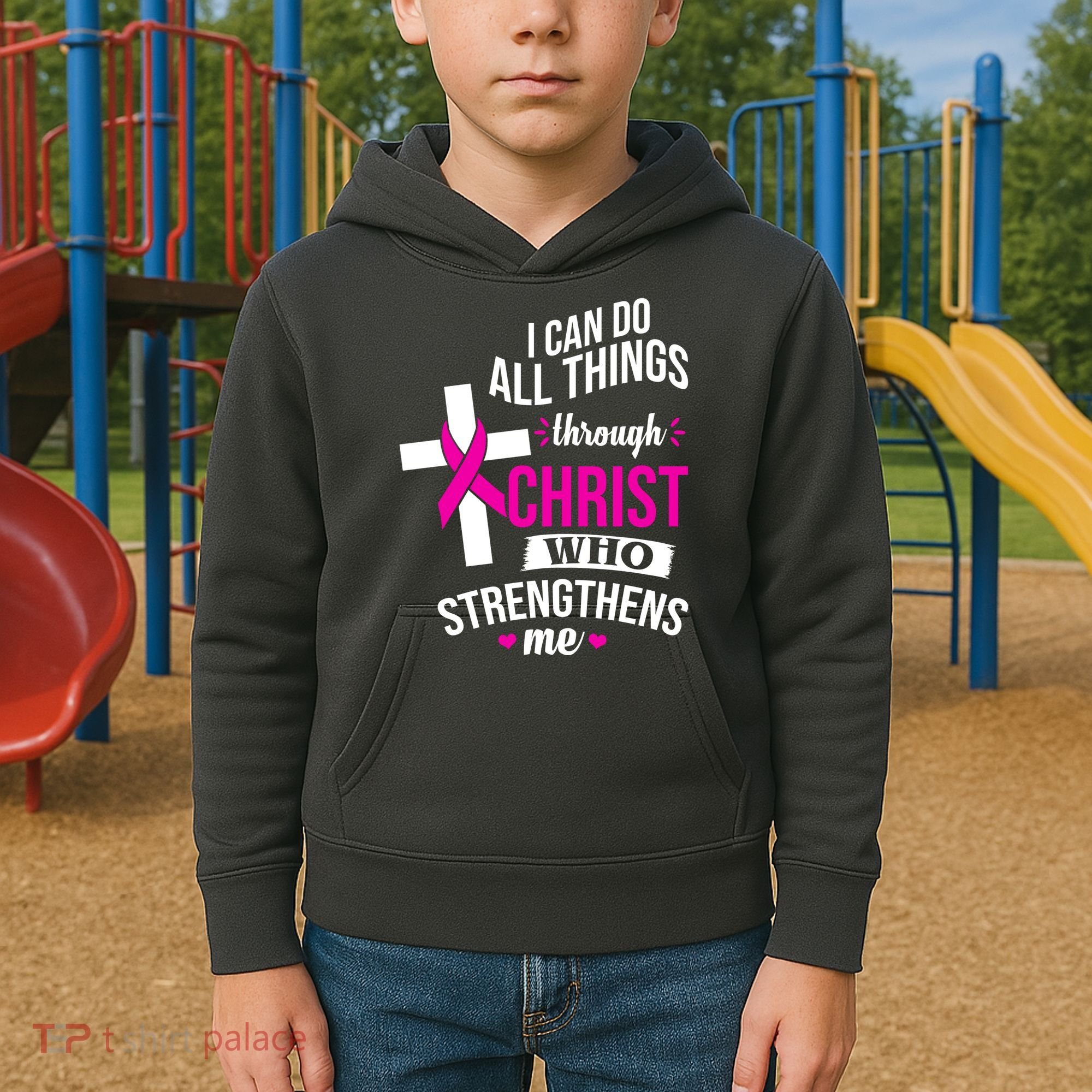 I Can Do All Things Through Christ Who Strengthens Me Breast Cancer Kids Hoodie