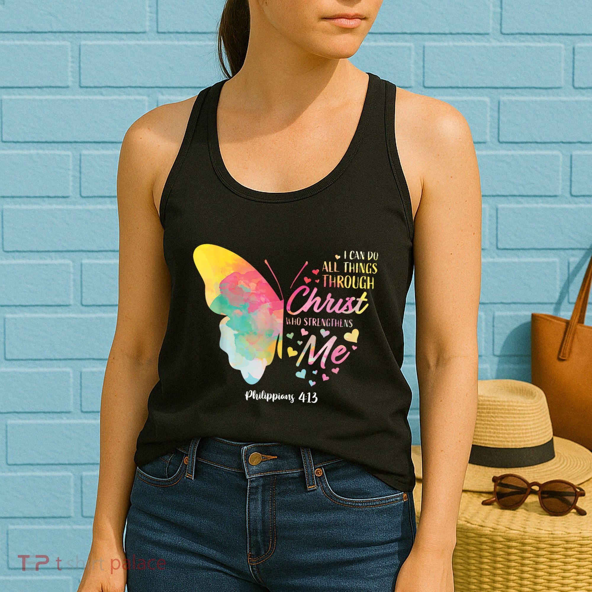 I Can Do All Things Through Christ Religous Bible Butterfly Women's Tank Top