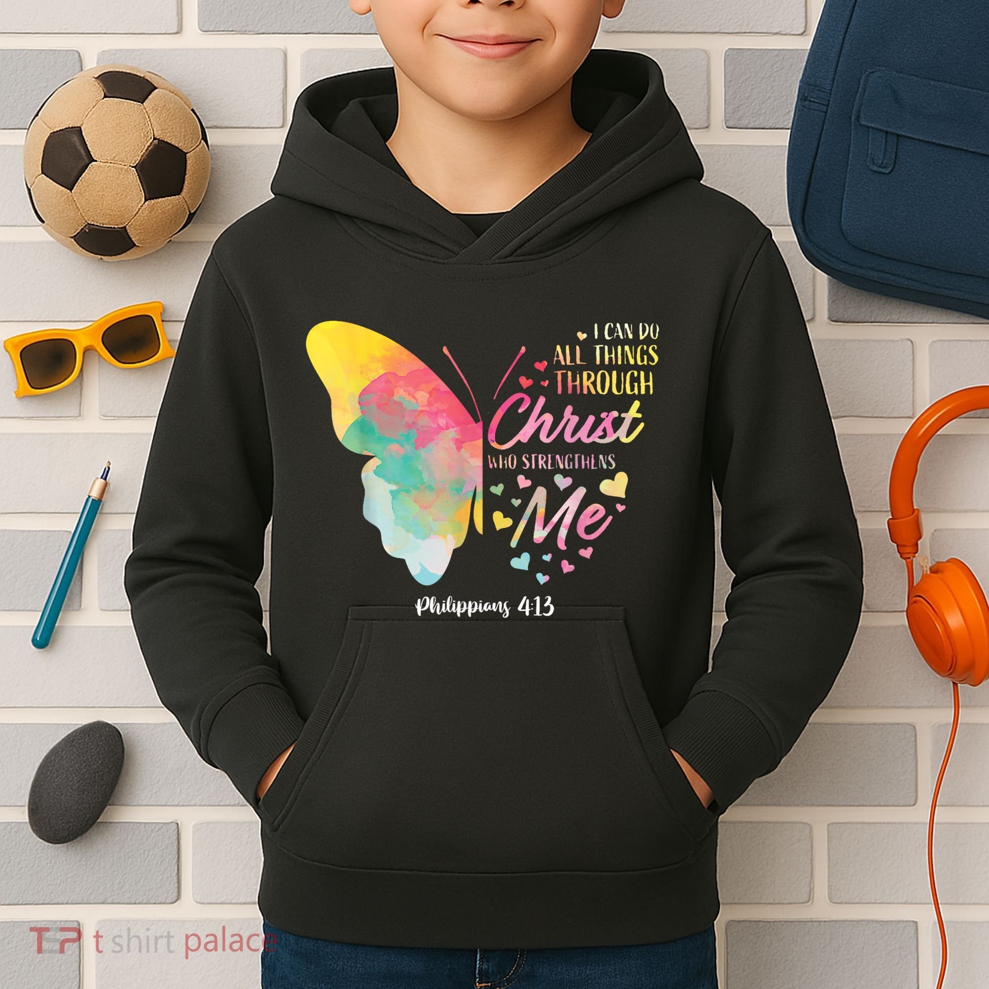 I Can Do All Things Through Christ Religous Bible Butterfly Kids Hoodie