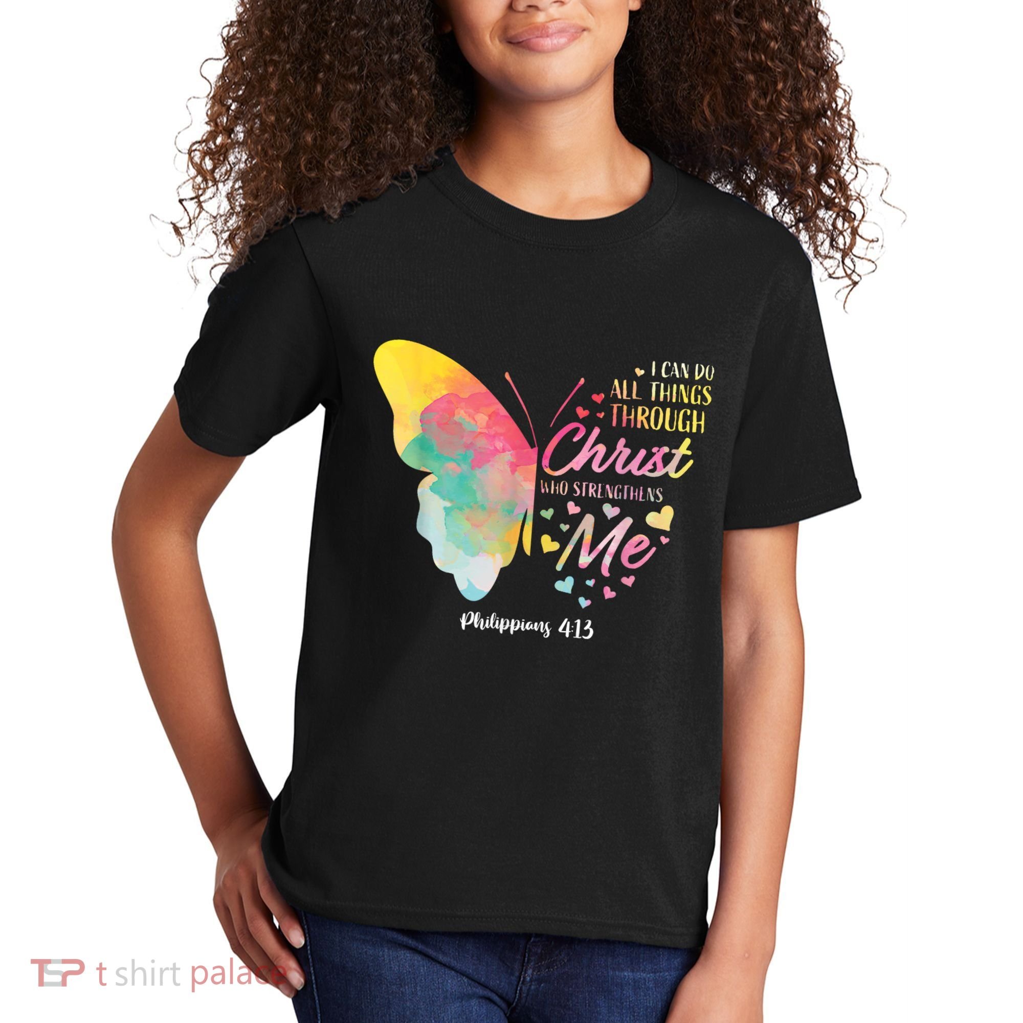 I Can Do All Things Through Christ Religous Bible Butterfly Kids T-Shirt