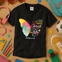 I Can Do All Things Through Christ Religous Bible Butterfly Kids T-Shirt thumb 3