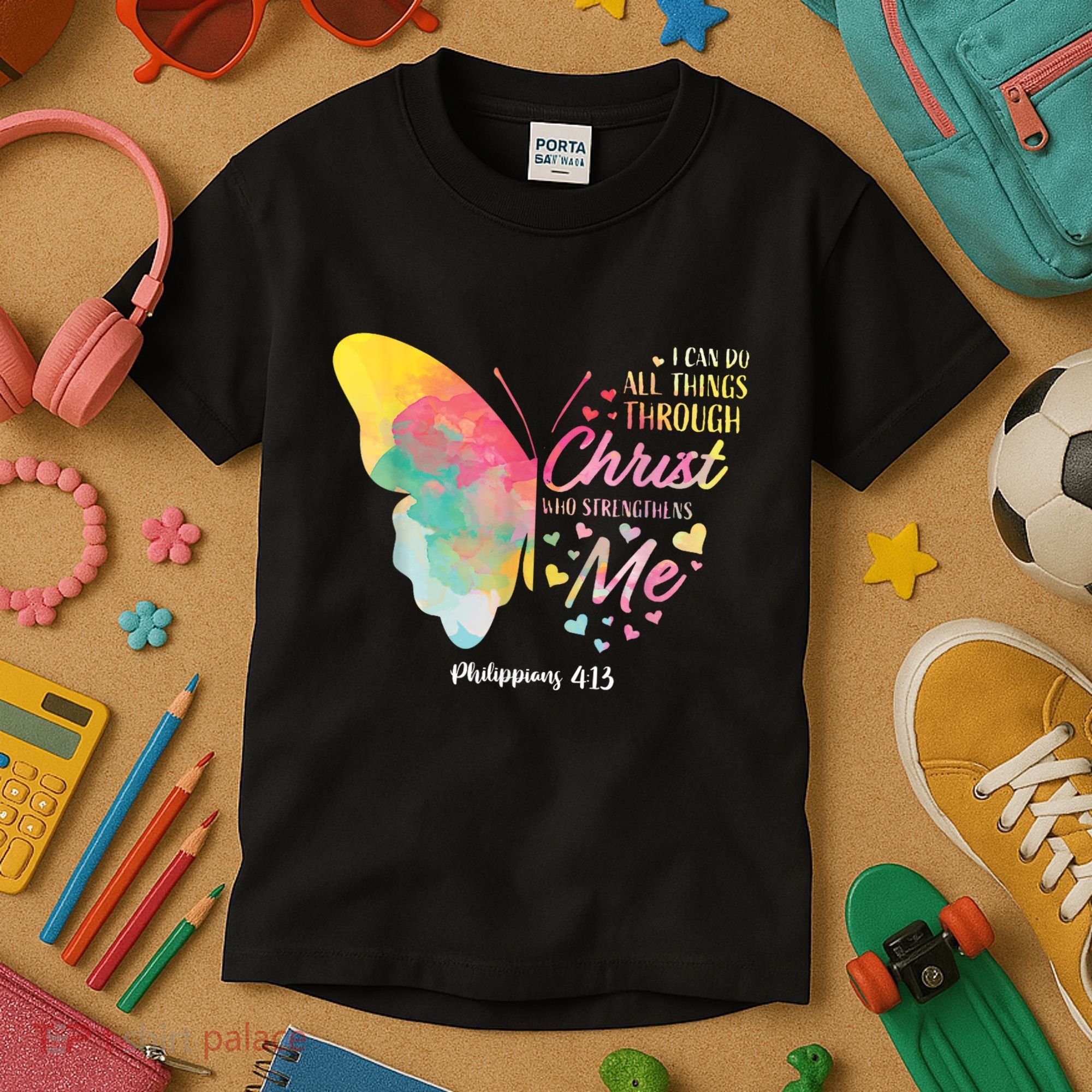 I Can Do All Things Through Christ Religous Bible Butterfly Kids T-Shirt