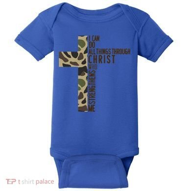 I Can Do All Things Through Christ Who Strengthens Me Camo Baby Bodysuit