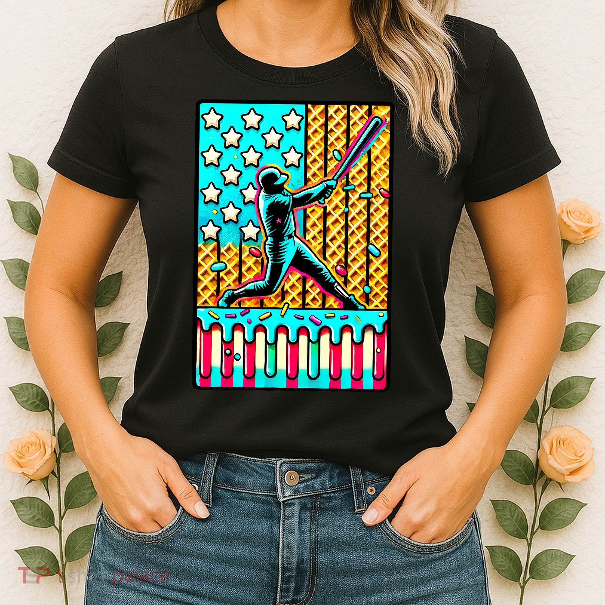 Ice Cream Drip Baseball Stuff Drip For B.oys American Flag Women's T-Shirt