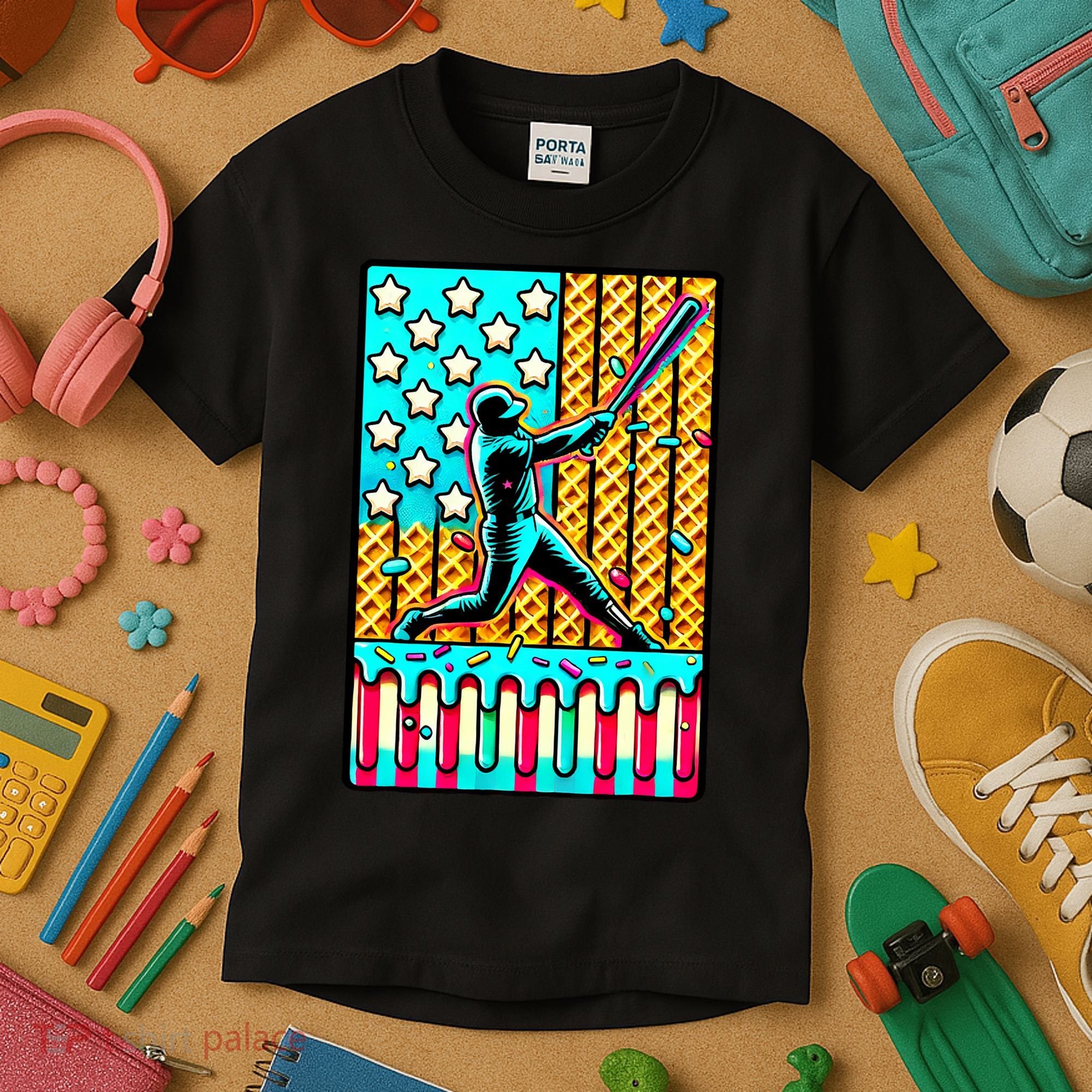 Ice Cream Drip Baseball Stuff Drip For B.oys American Flag Kids T-Shirt