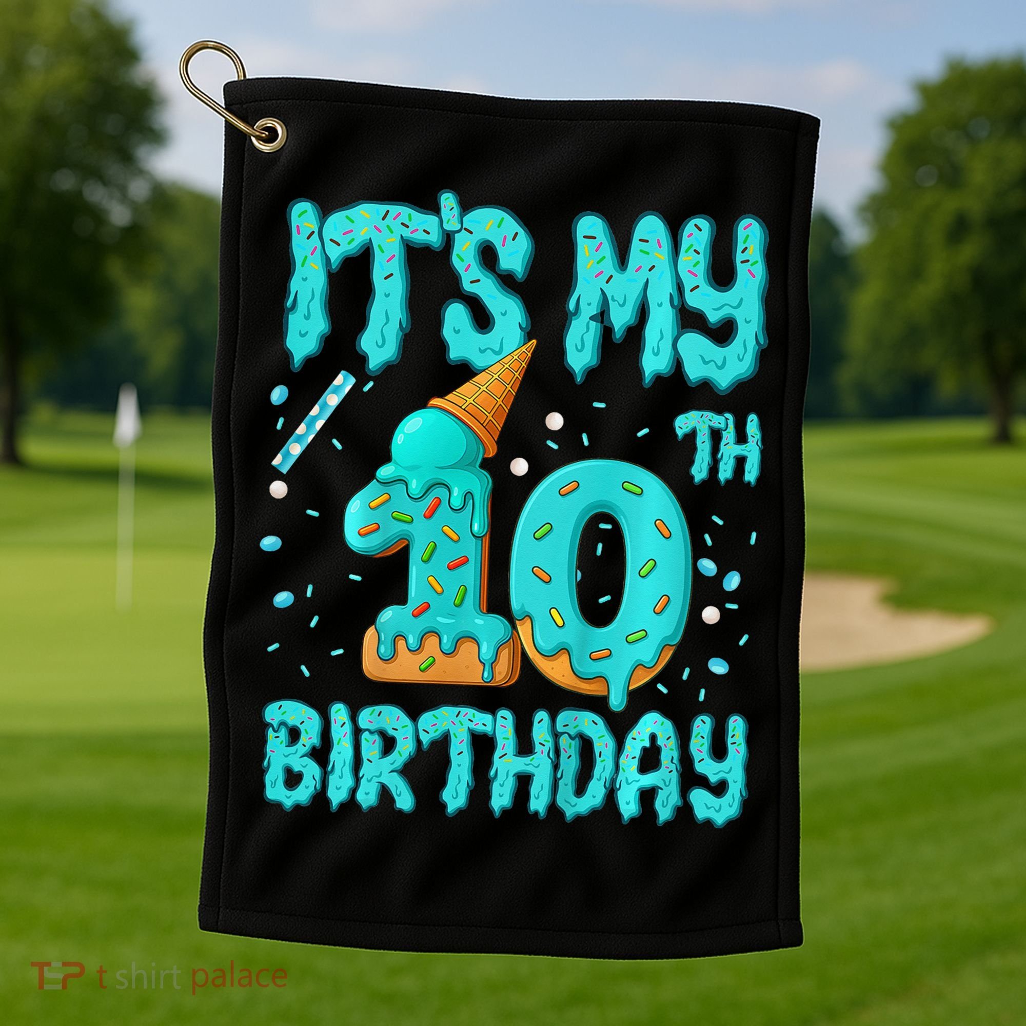 Ice Cream Drip 10th Birthday 10 Years Old Birthday Golf Towel