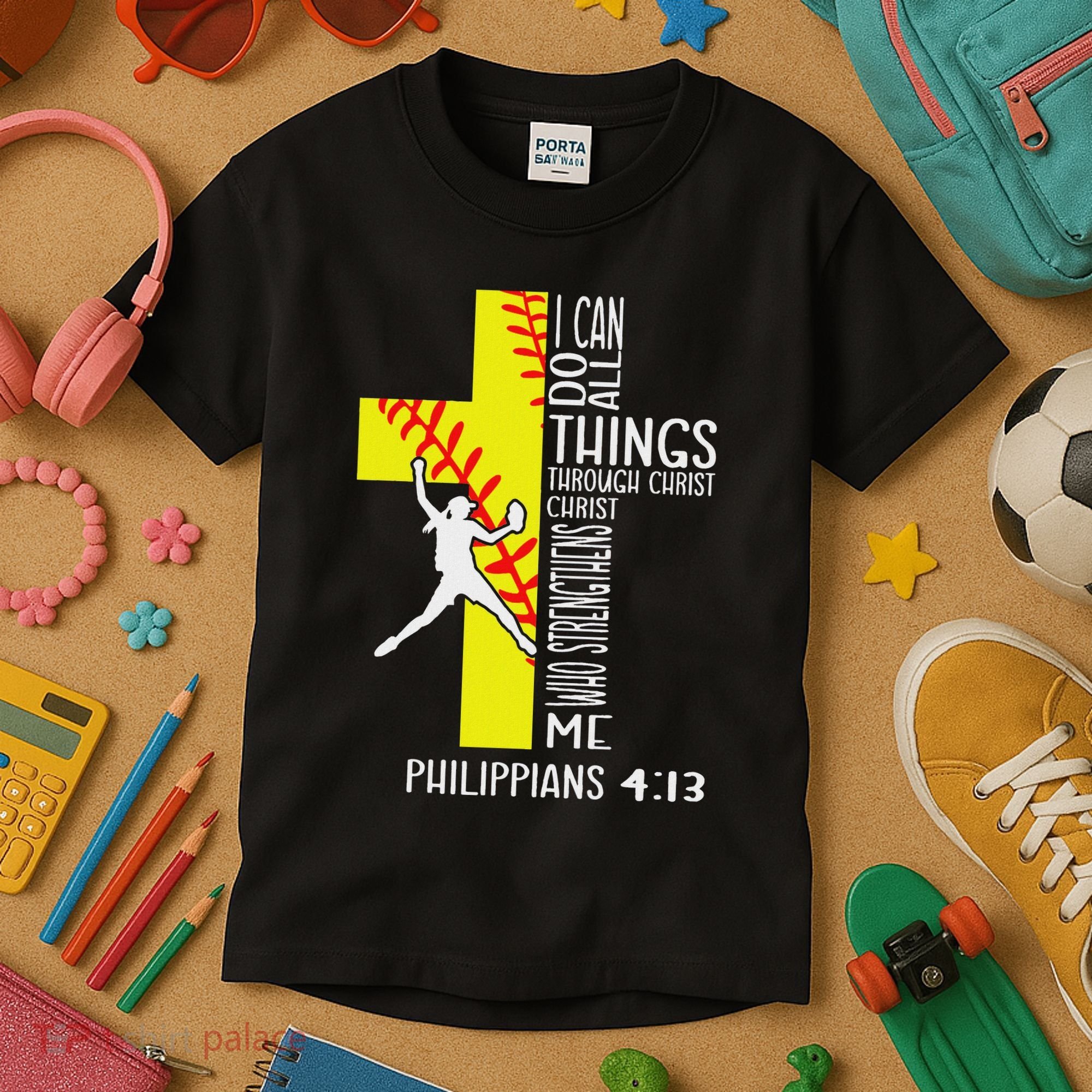 I Can Do All Things Through Christ Softball Christian Bible Kids T-Shirt