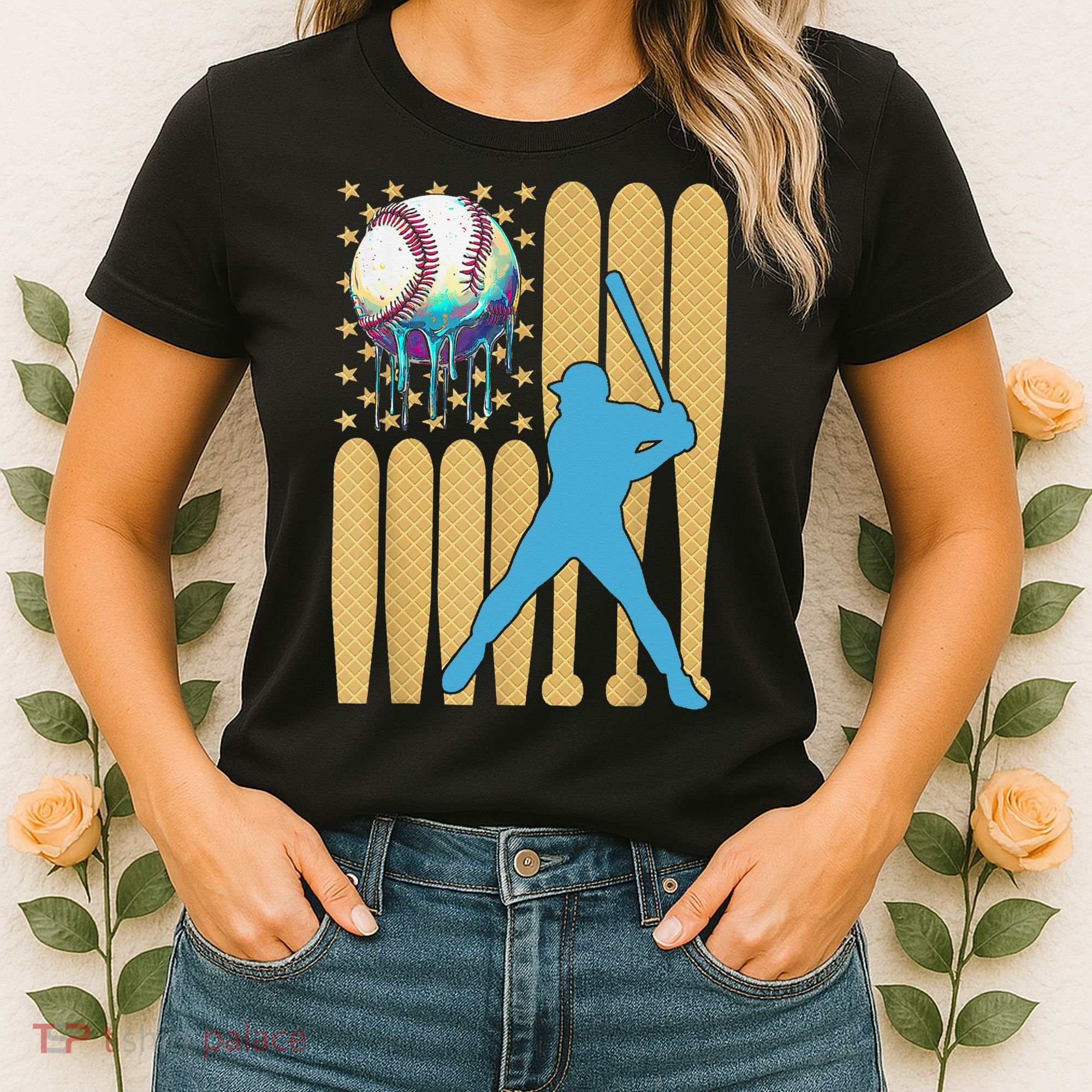 Ice Cream Drip Baseball Bat Baseball Player 4th Of July Women's T-Shirt
