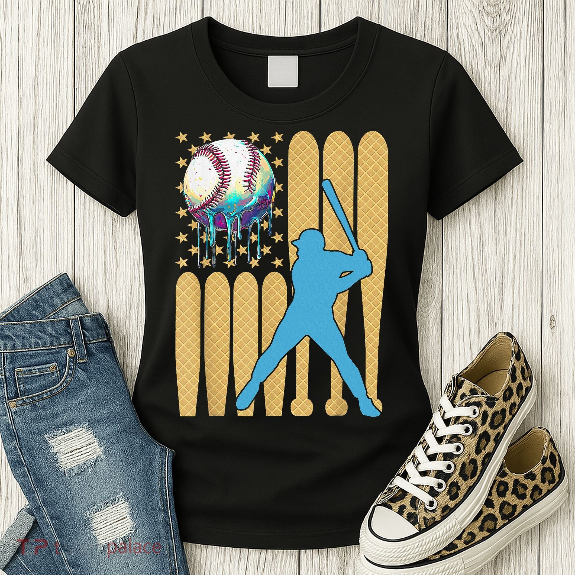 Ice Cream Drip Baseball Bat Baseball Player 4th Of July Women's T-Shirt