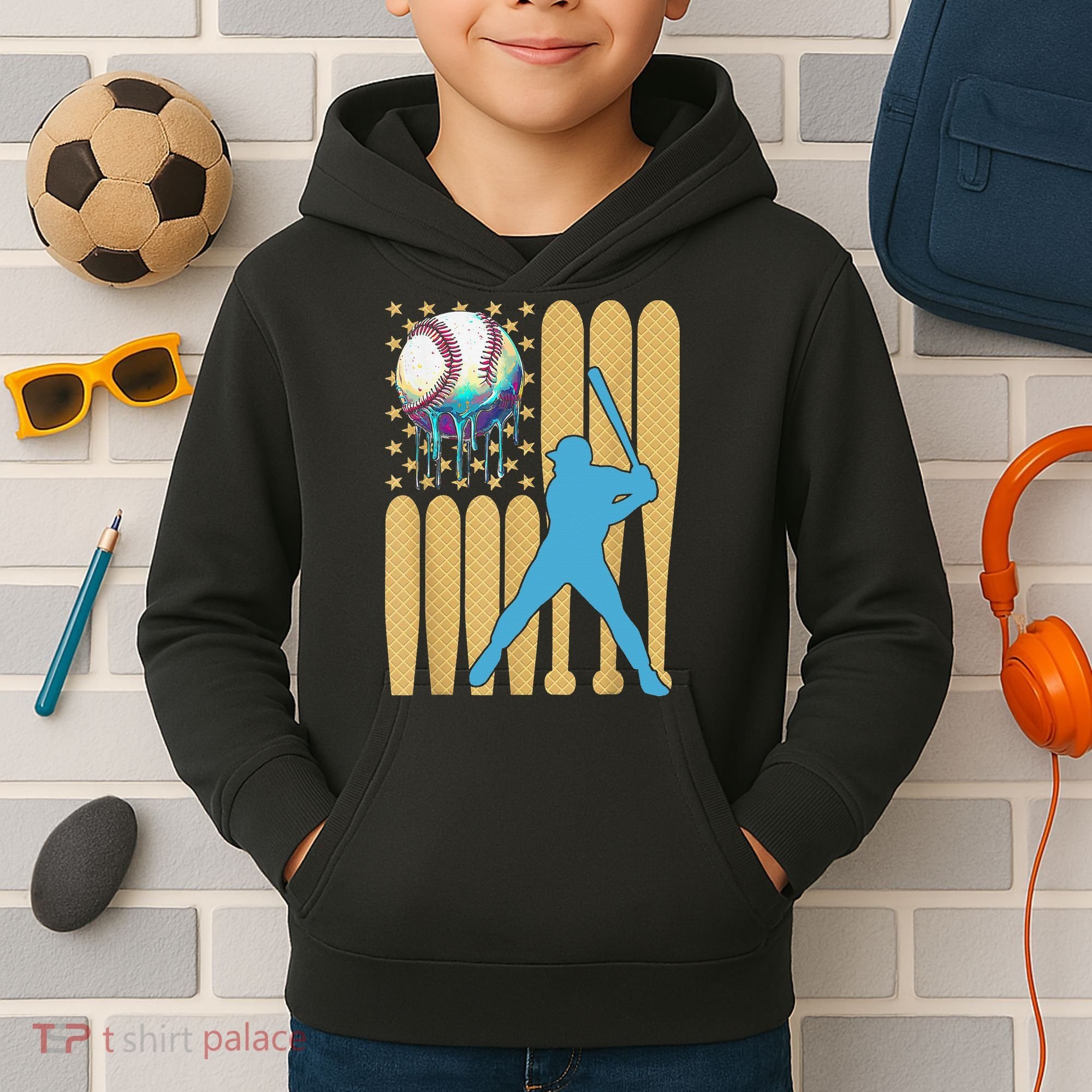 Ice Cream Drip Baseball Bat Baseball Player 4th Of July Kids Hoodie