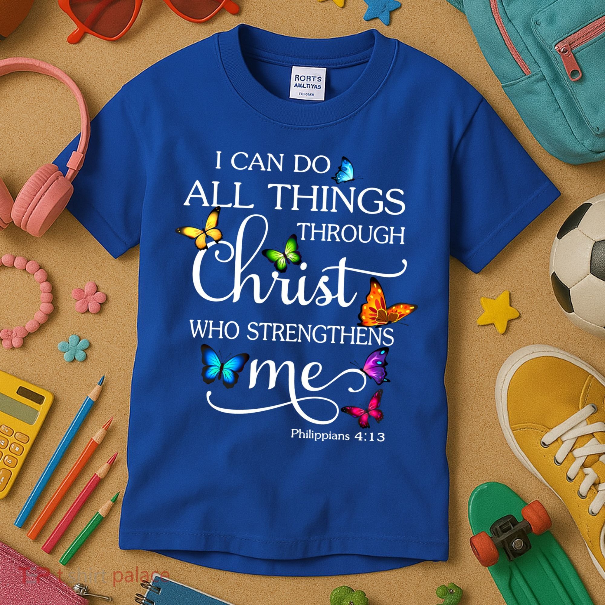 I Can Do All Things Through Christ Butterfly Art Gift Religious Cool Gift Kids T-Shirt
